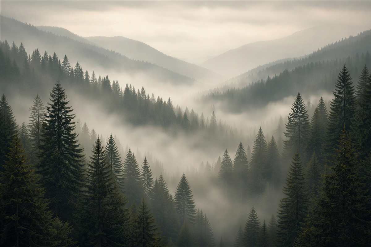 Fototapet Pădure montană cețoasă în zori