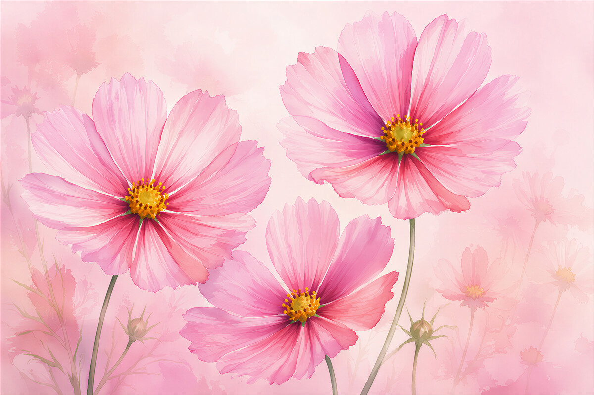 Fototapet Flori cosmos roz în stil acuarelă