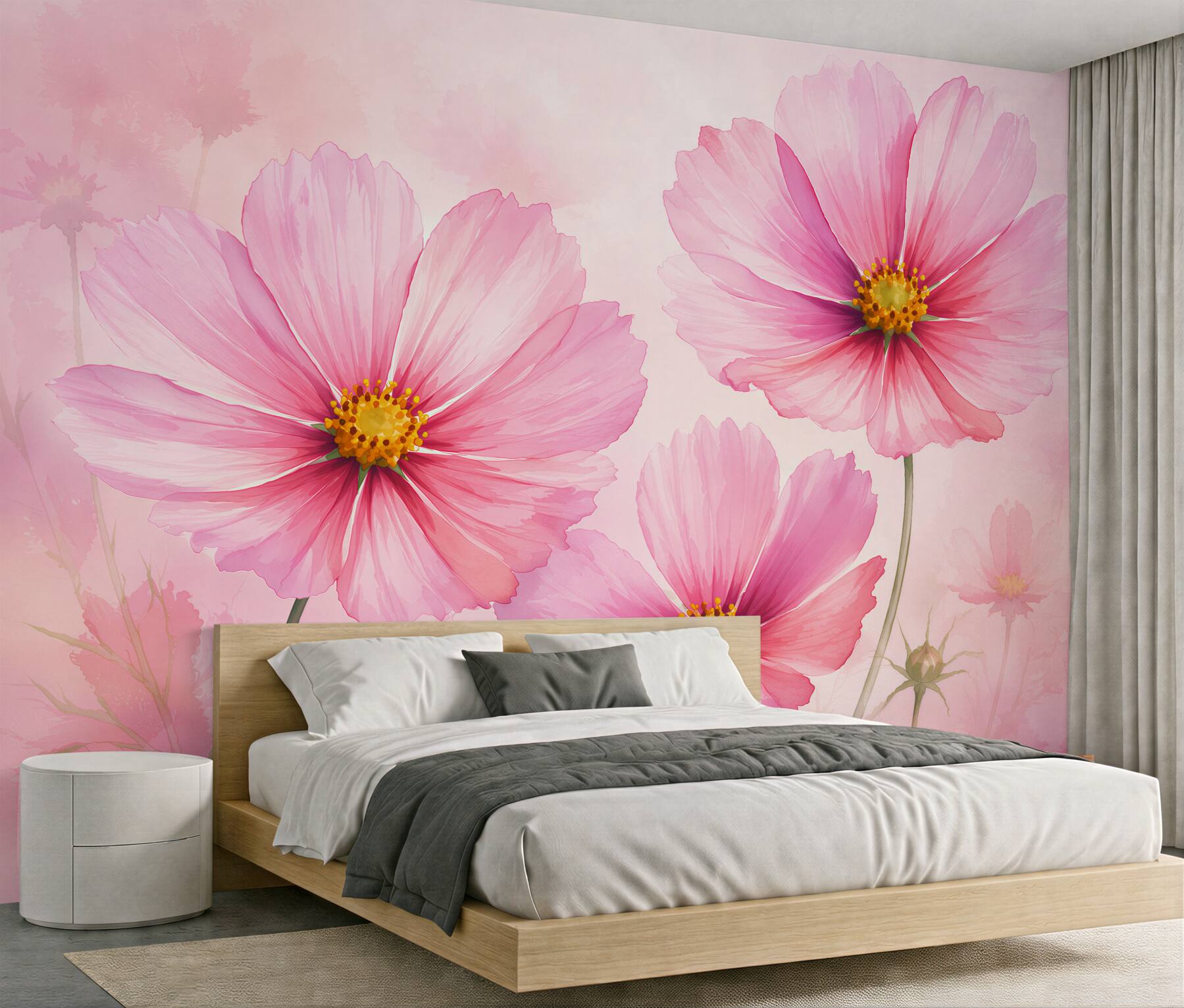 Fototapet Flori cosmos roz în stil acuarelă