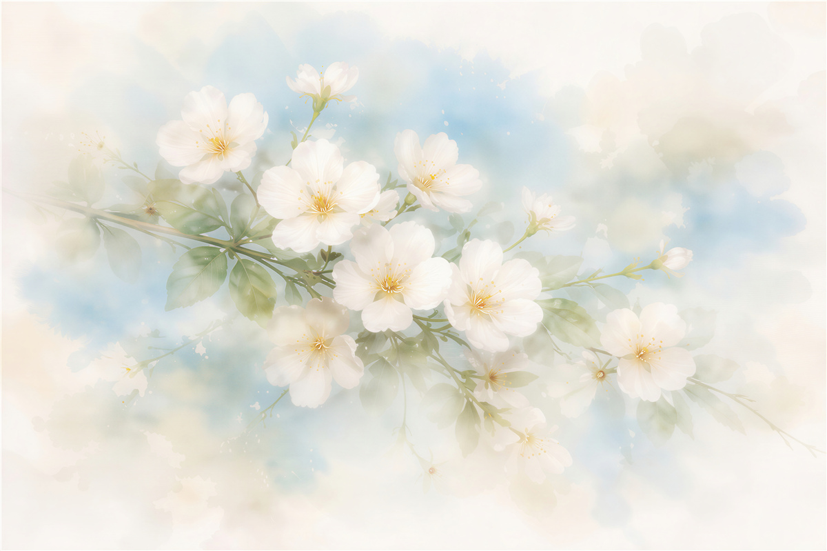Fototapet Flori albe delicate în acuarelă