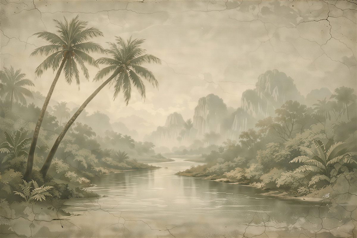 Fototapet Râu tropical cețos cu palmieri
