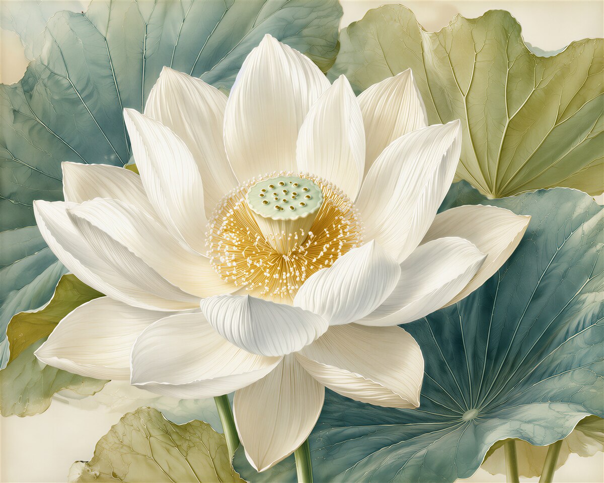 Fototapet Lotus alb printre frunze subtile
