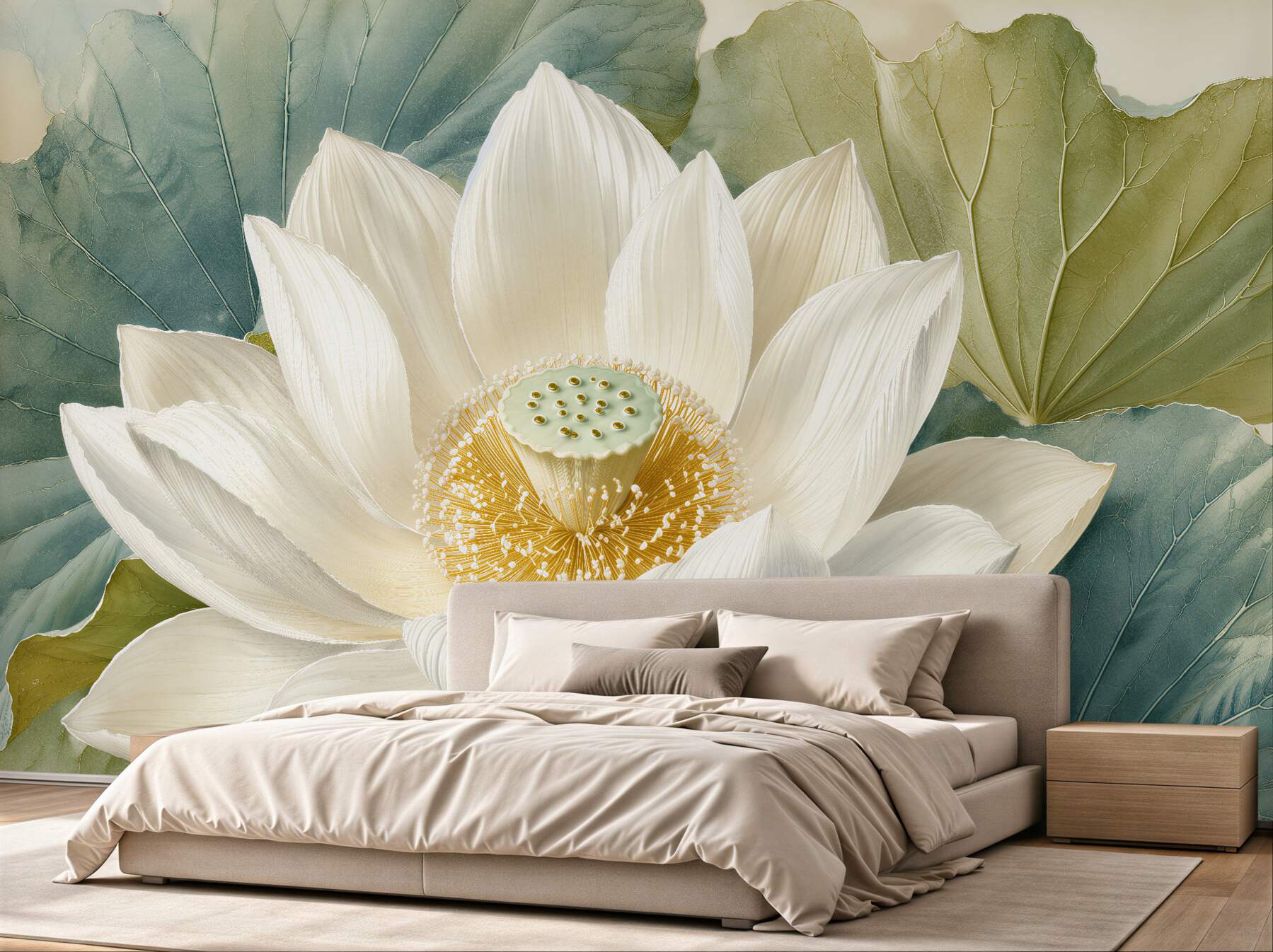 Fototapet Lotus alb printre frunze subtile