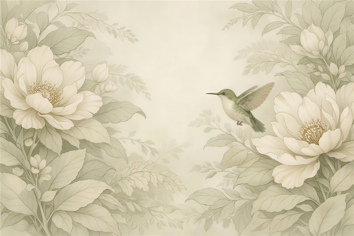 Fototapet Flori crem cu colibri