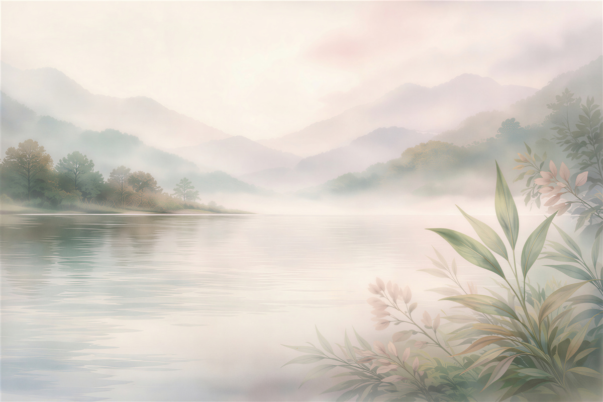 Fototapet Lac pastelat în ceața munților