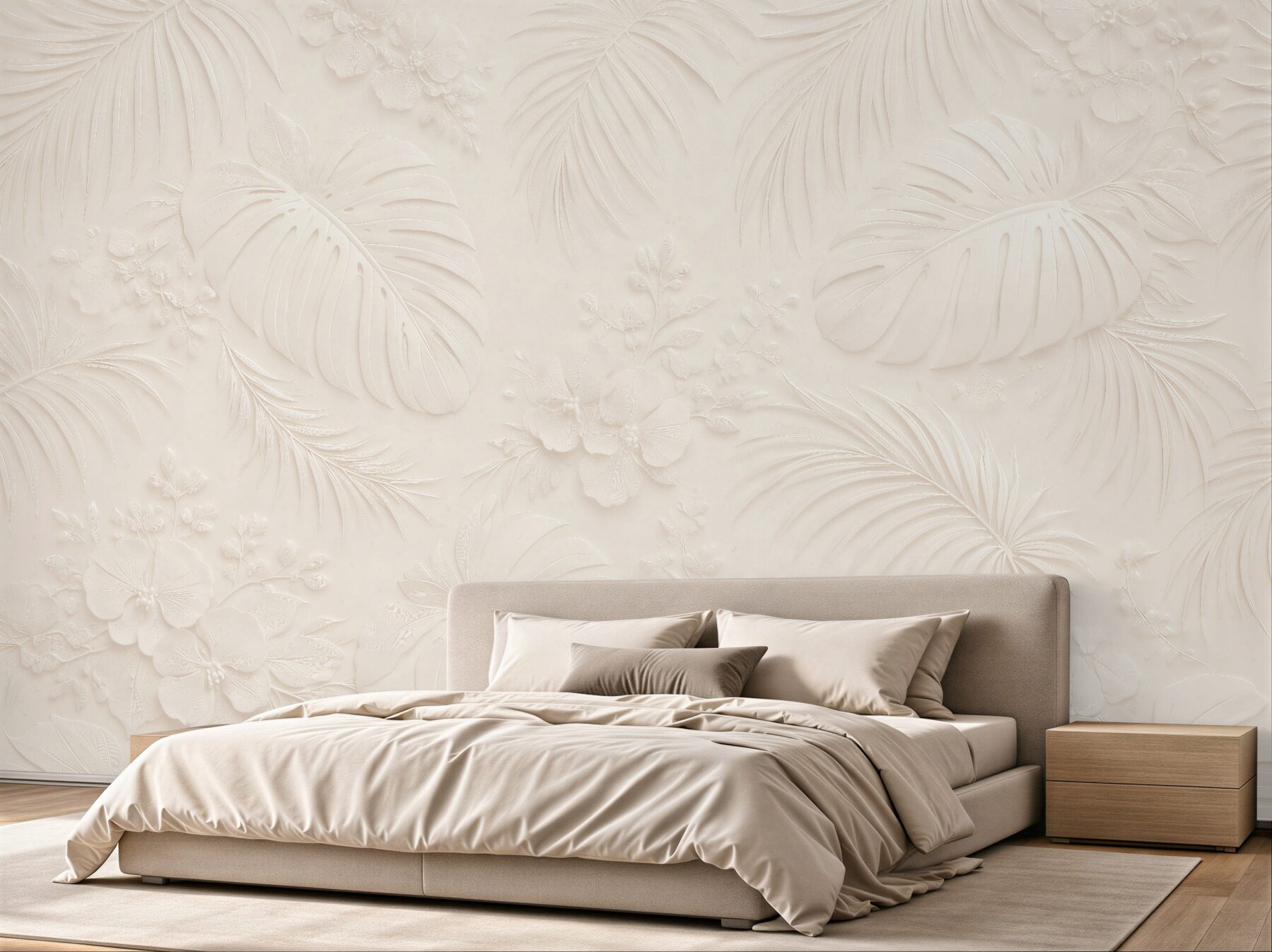 Fototapet Frunze tropicale în relief crem