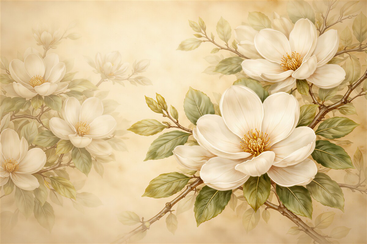 Fototapet Magnolii crem în înflorire elegantă
