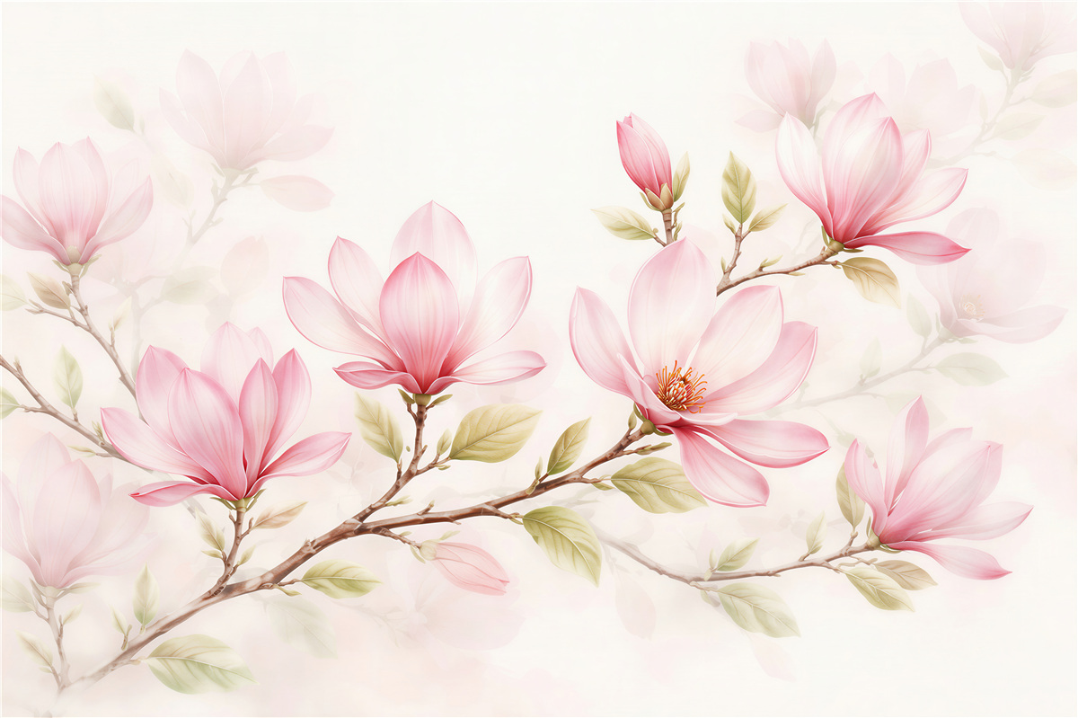 Fototapet Magnolii delicate pe o ramură deschisă la culoare