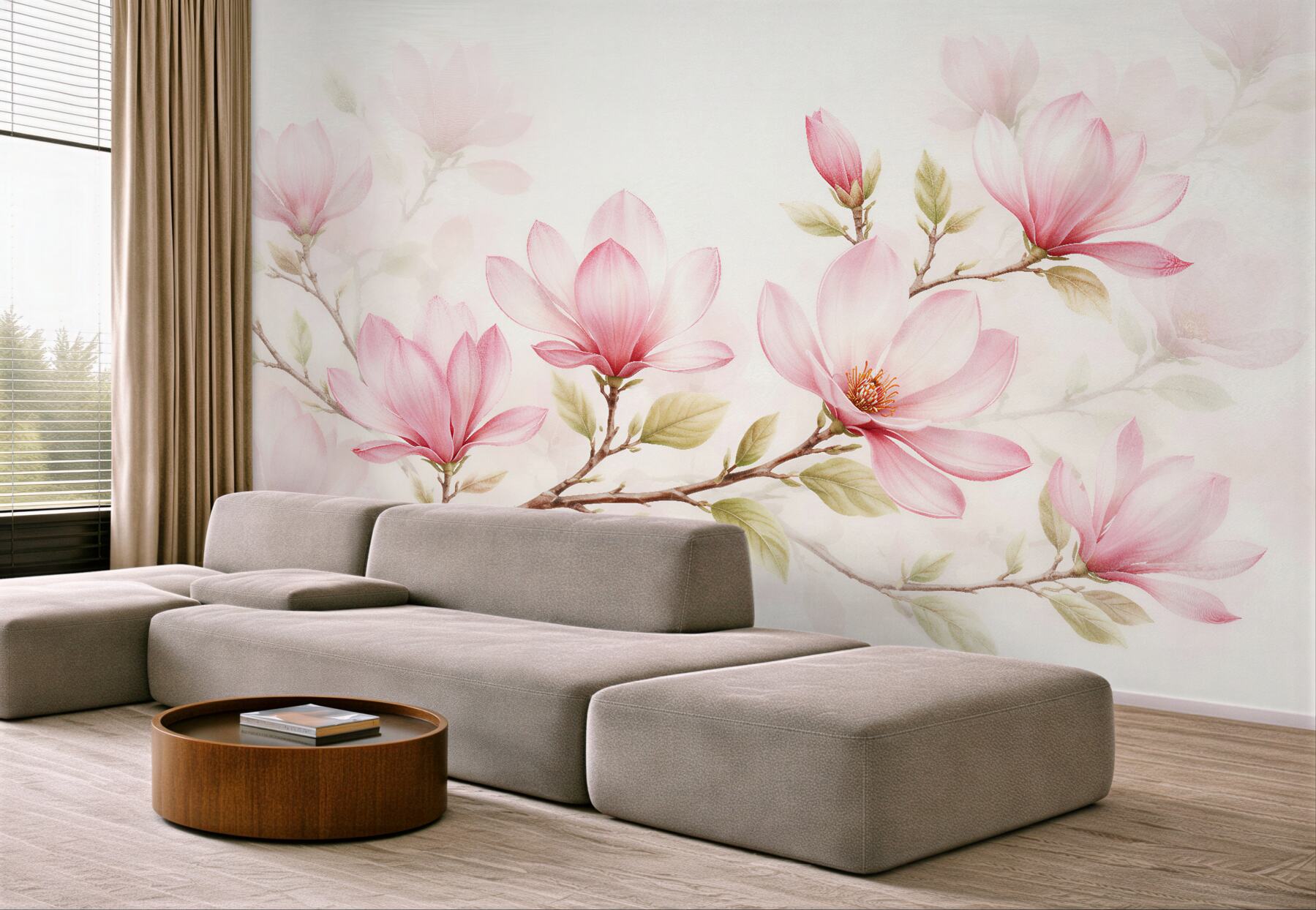 Fototapet Magnolii delicate pe o ramură deschisă la culoare
