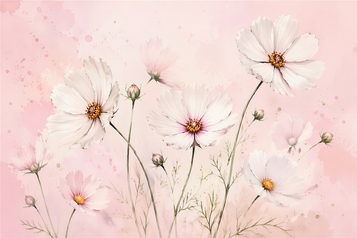 Fototapet Cosmee delicate pe fundal roz