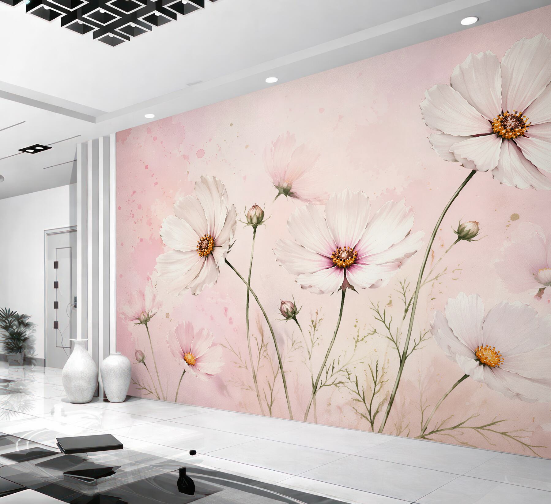 Fototapet Cosmee delicate pe fundal roz