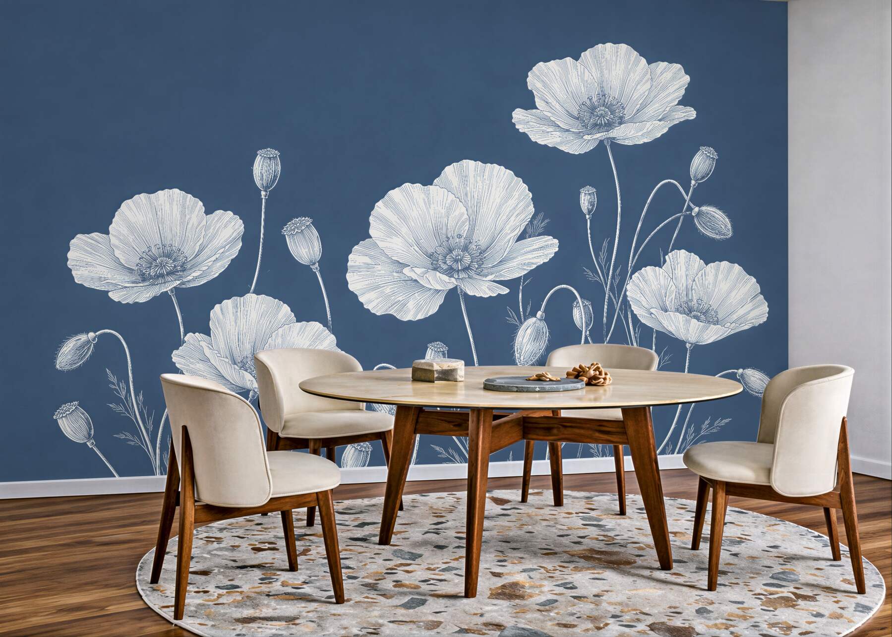Fototapet Maci albi pe fundal bleumarin