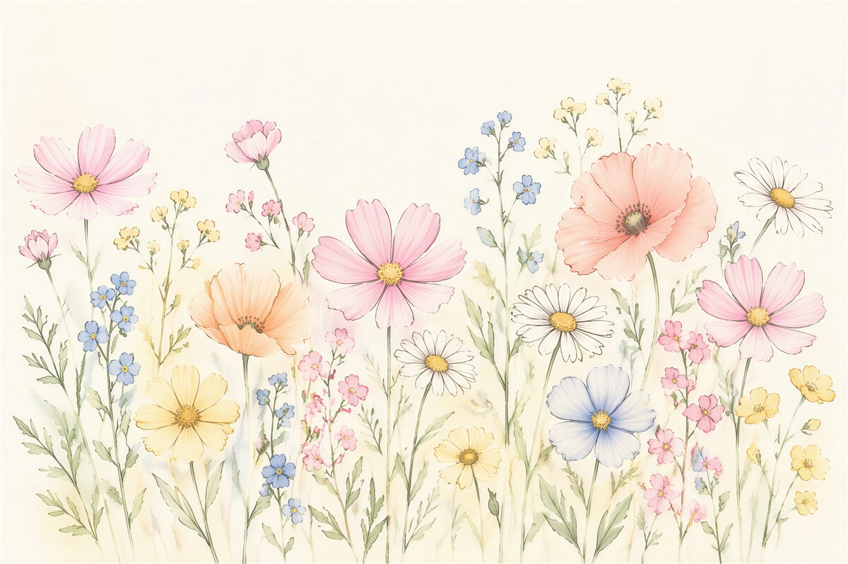 Fototapet Pajiște florală pastelată acuarelă