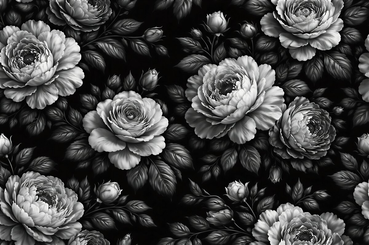 Fototapet Bujori alb-negru pe fundal negru