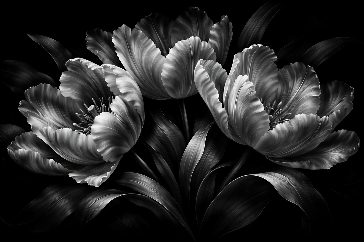 Fototapet Flori alb-negru pe fundal negru