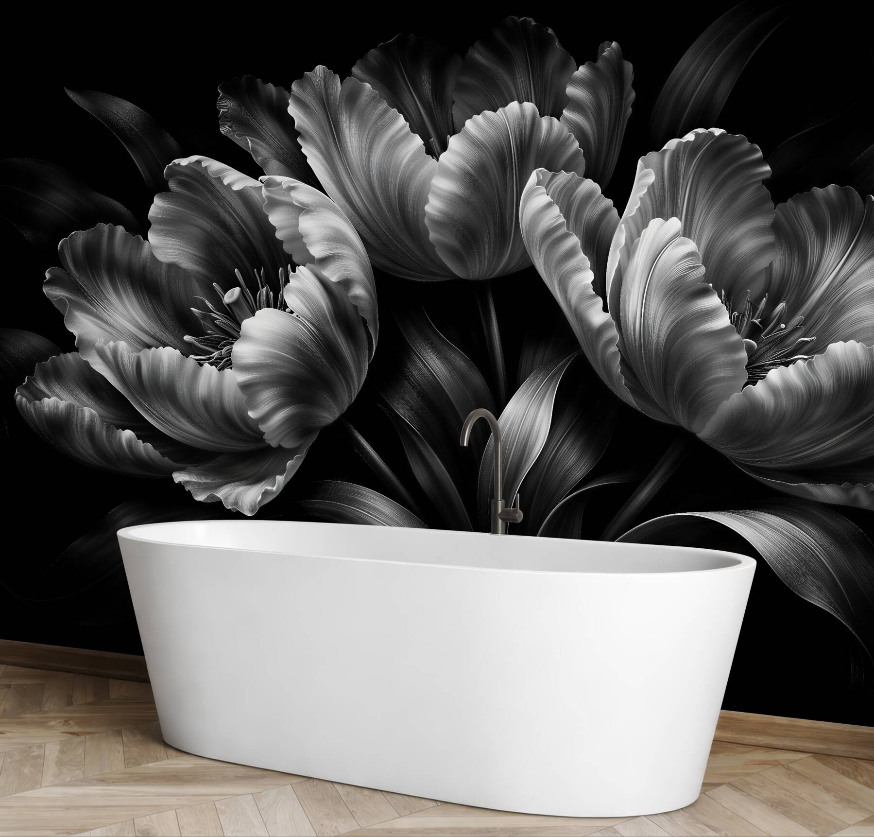 Fototapet Flori alb-negru pe fundal negru