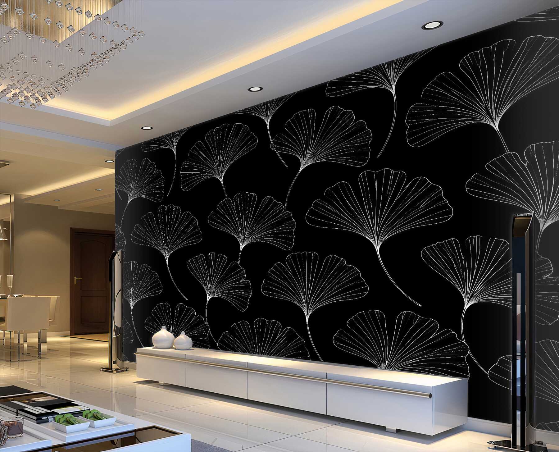 Fototapet Frunze negre de ginkgo în stil minimalist