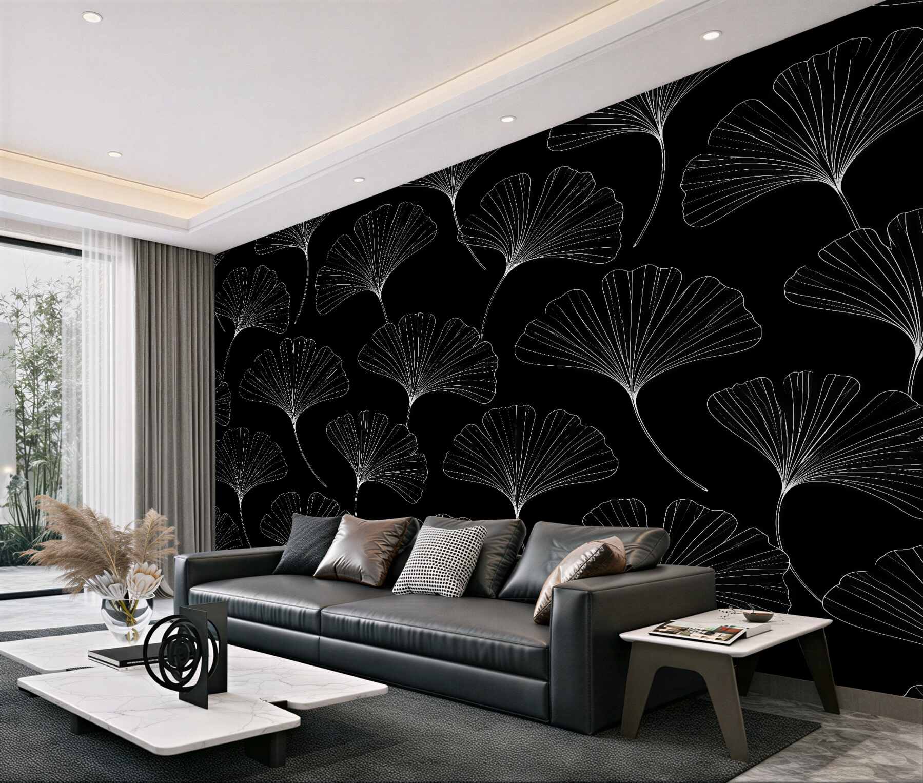Fototapet Frunze negre de ginkgo în stil minimalist