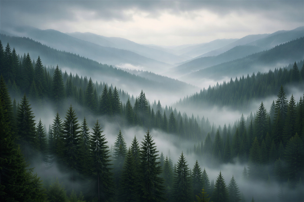 Fototapet Pădure montană cețoasă în zori