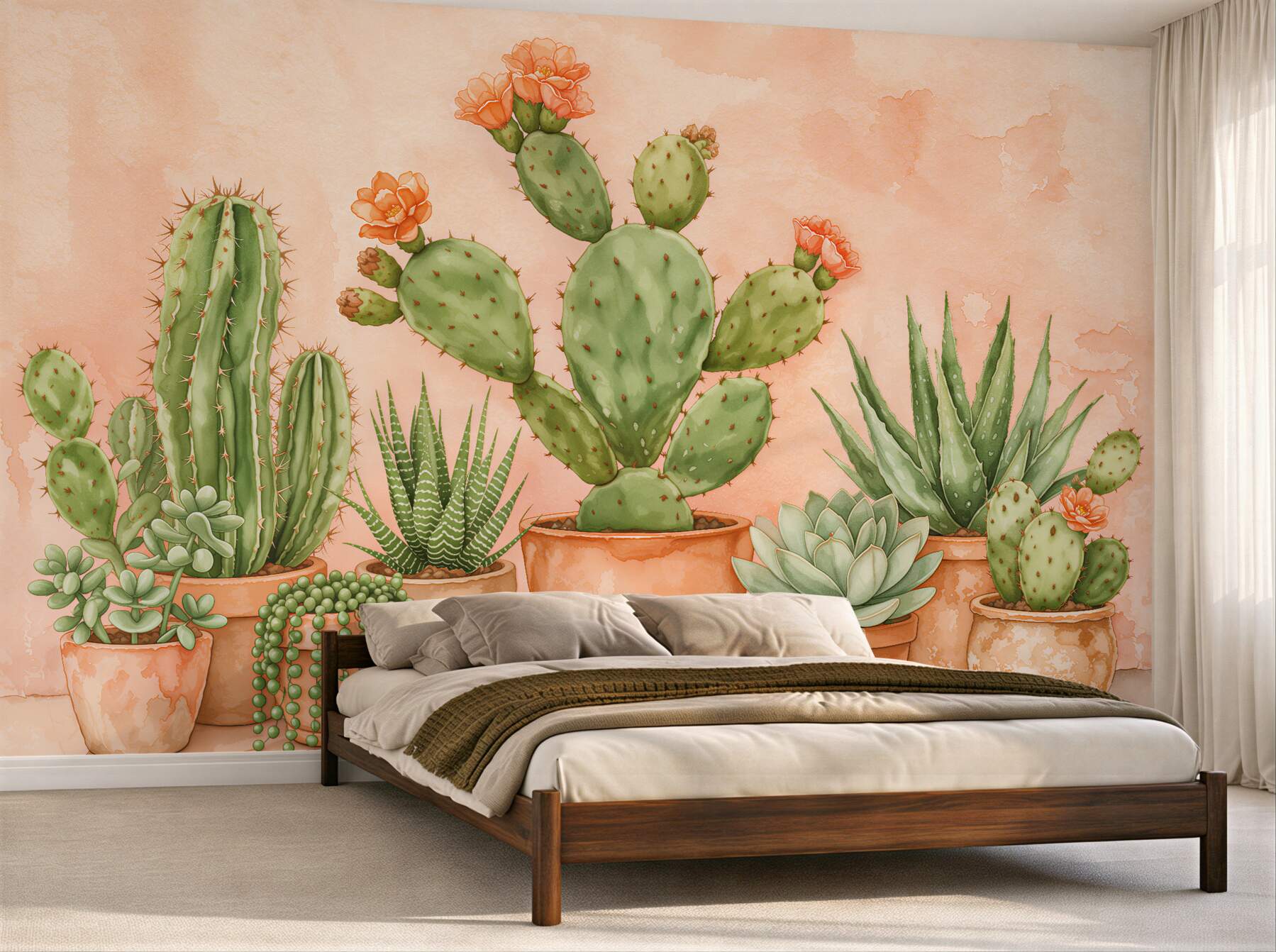 Fototapet Cactuși în acuarelă în ghivece pastelate