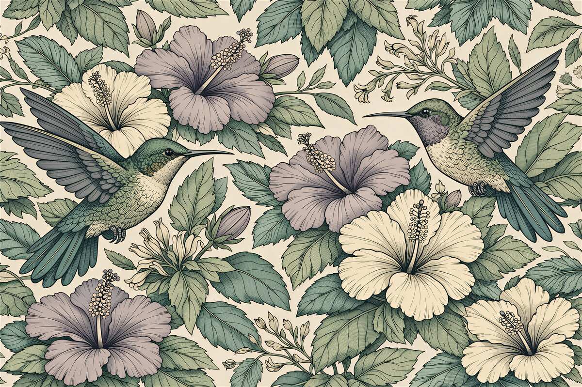Fototapet Colibri printre flori pastelate