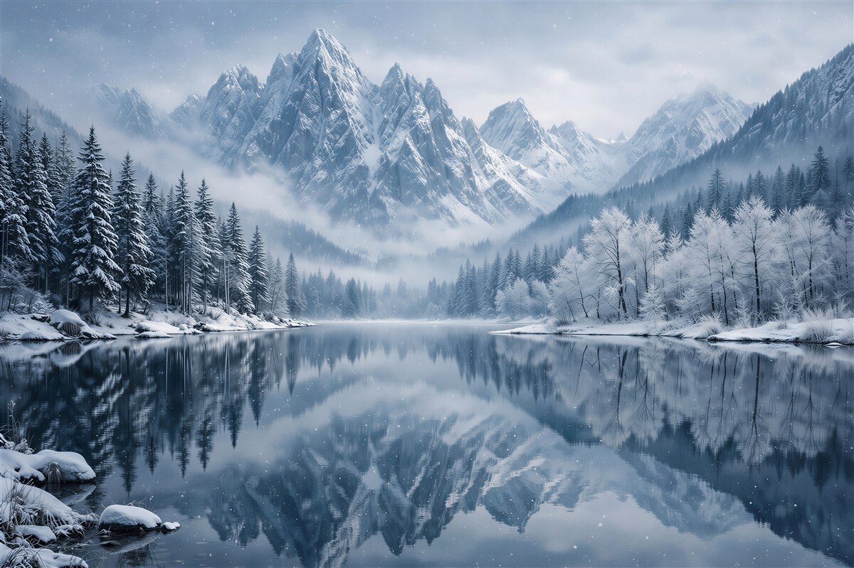 Fototapet Lac de iarnă sub munți maiestuoși