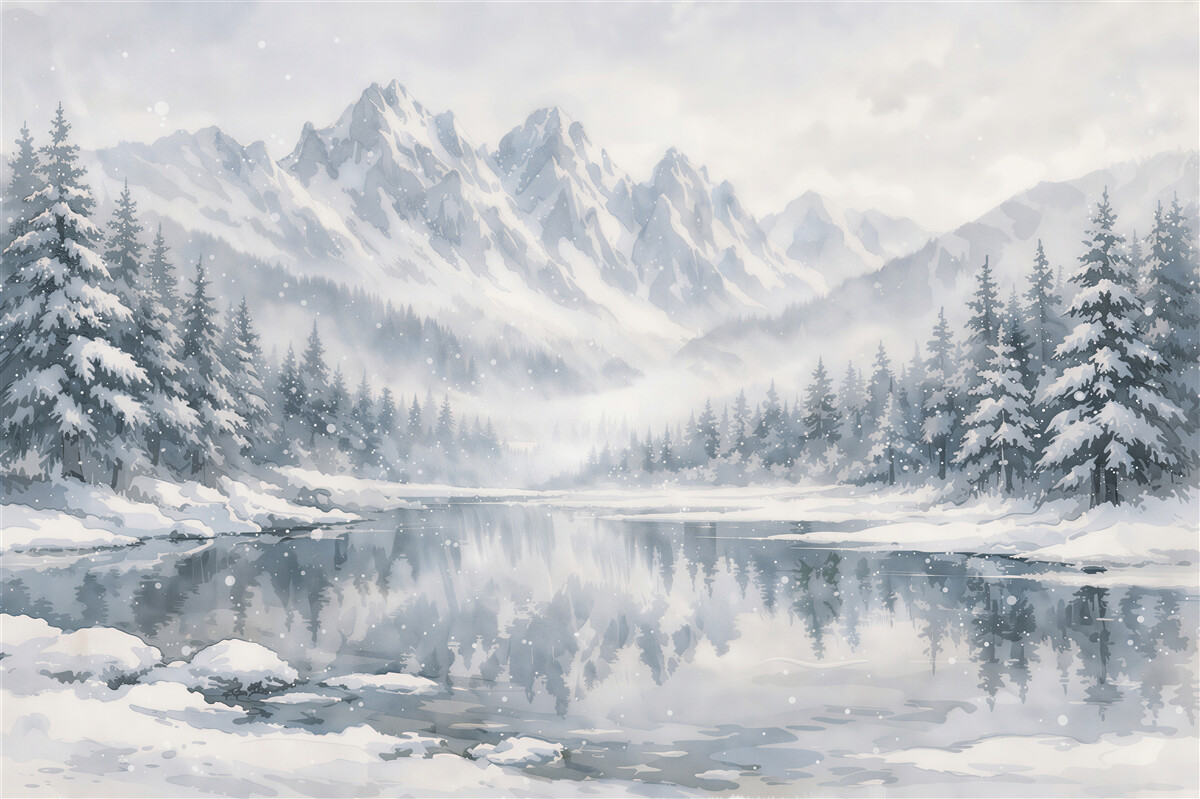 Fototapet Munți înzăpeziți deasupra unui lac liniștit