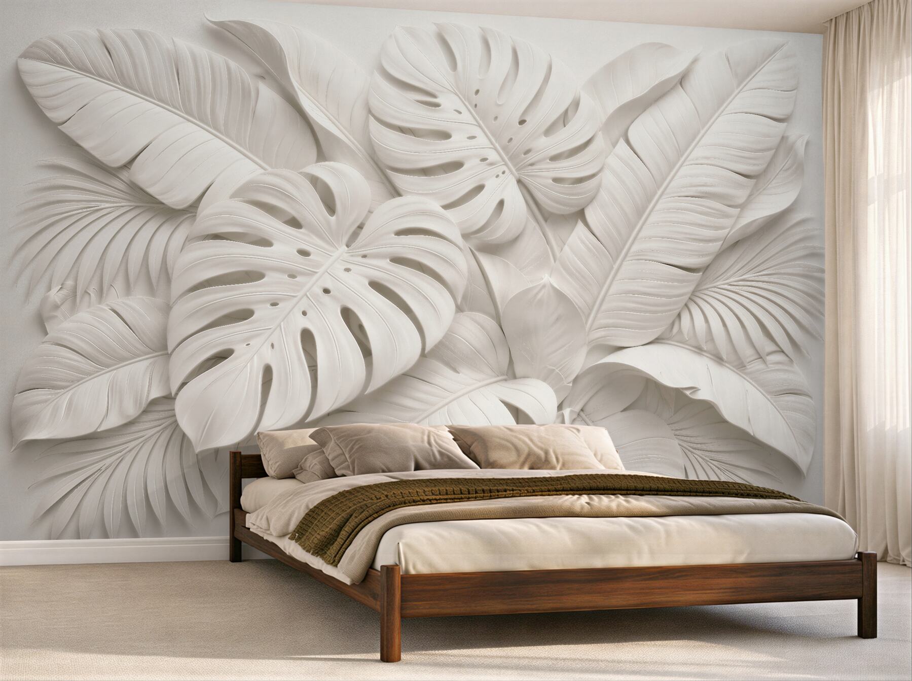 Fototapet Frunze tropicale albe în relief