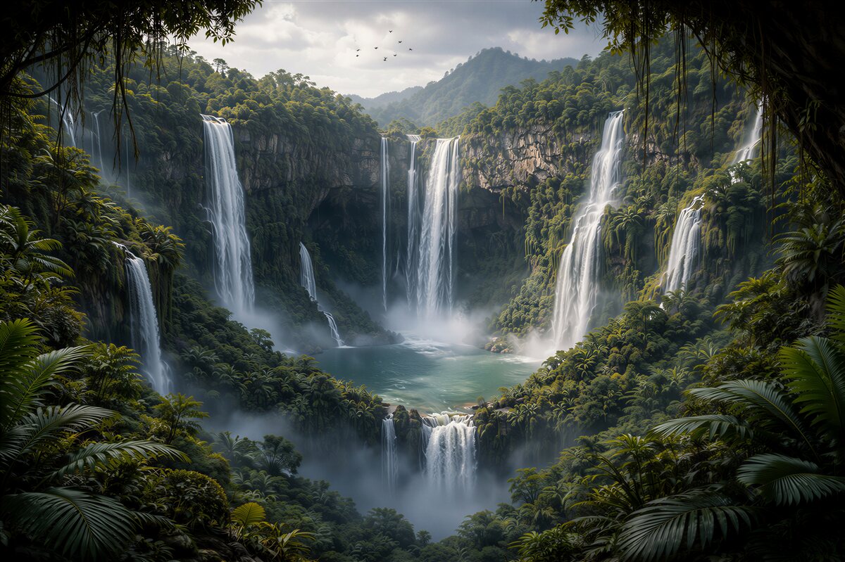 Fototapet Cascade tropicale într-o vale verde