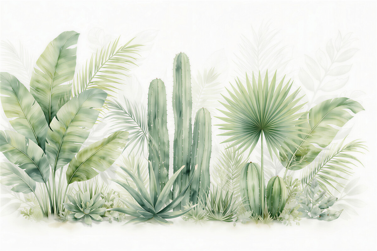 Fototapet Cactuși pastel și frunze tropicale