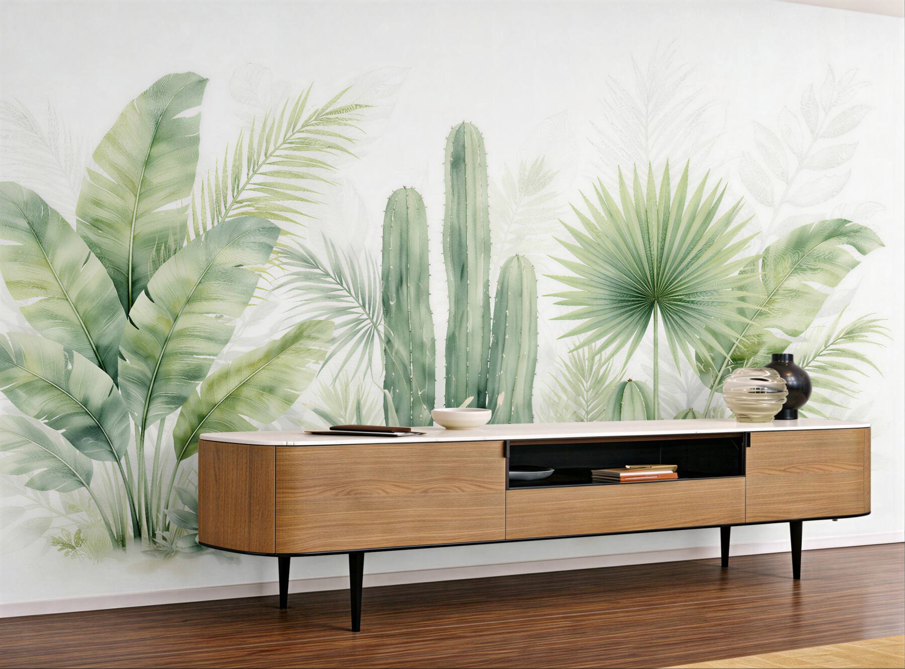 Fototapet Cactuși pastel și frunze tropicale