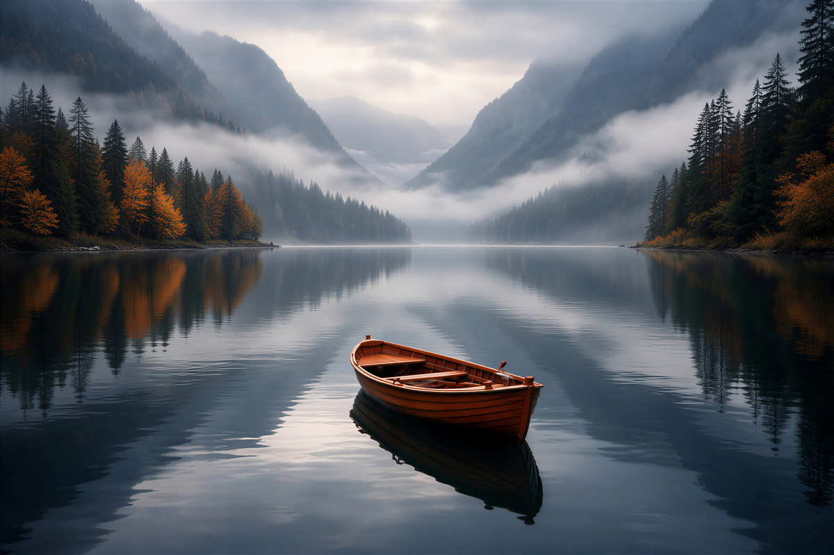 Fototapet Barcă singuratică pe lacul montan
