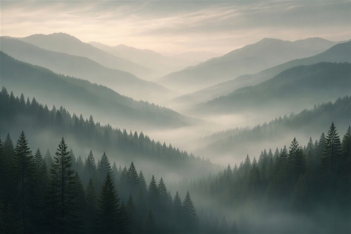 Fototapet Zori cețoase deasupra pădurii montane