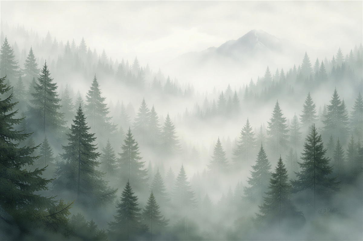 Fototapet Pădure cețoasă cu vârf de munte