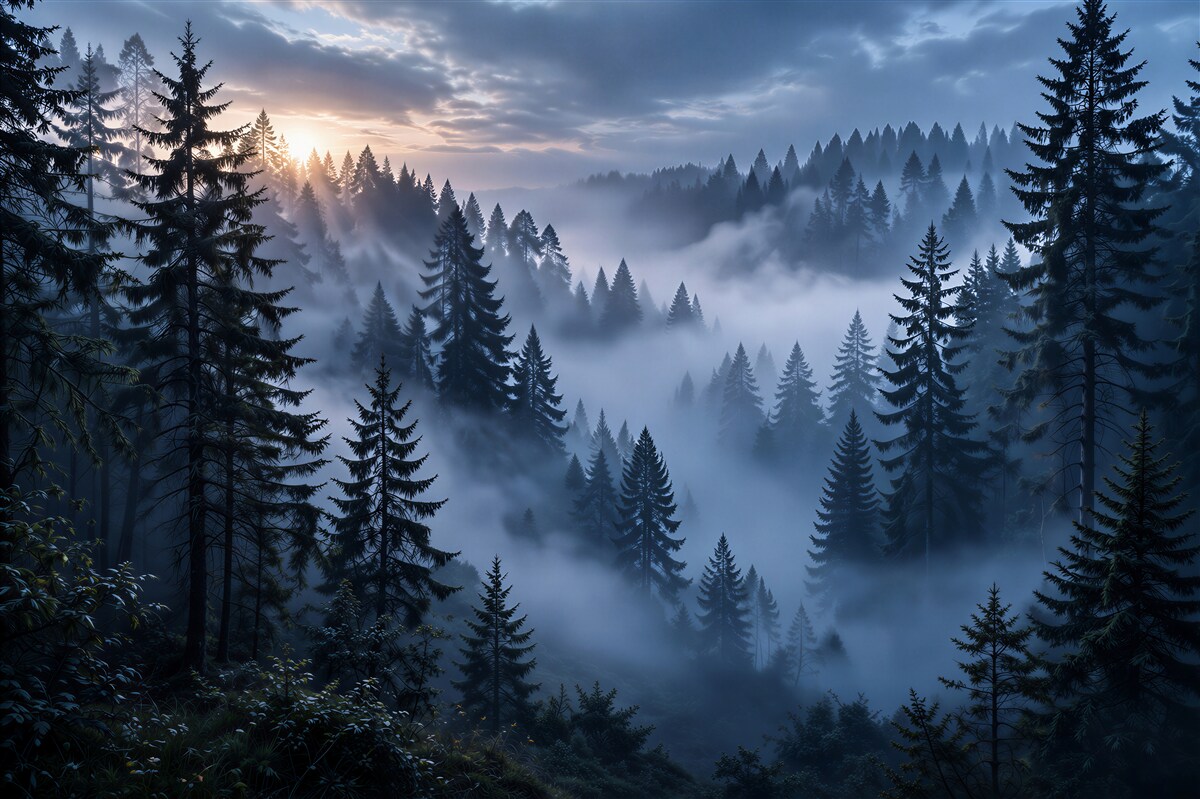 Fototapet Pădure de molizi cețoasă în zori