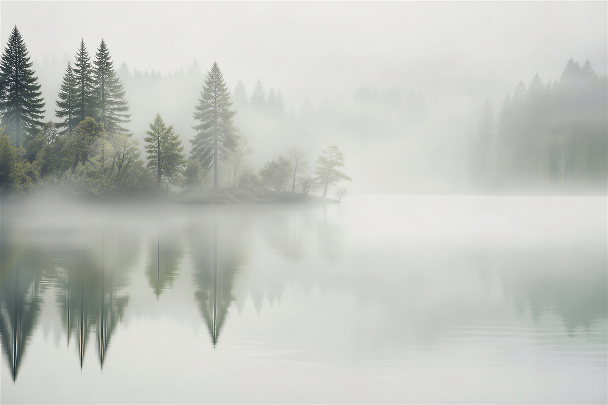 Fototapet Pădure cețoasă deasupra unui lac liniștit
