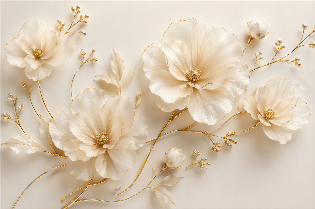 Fototapet Flori crem cu linie aurie