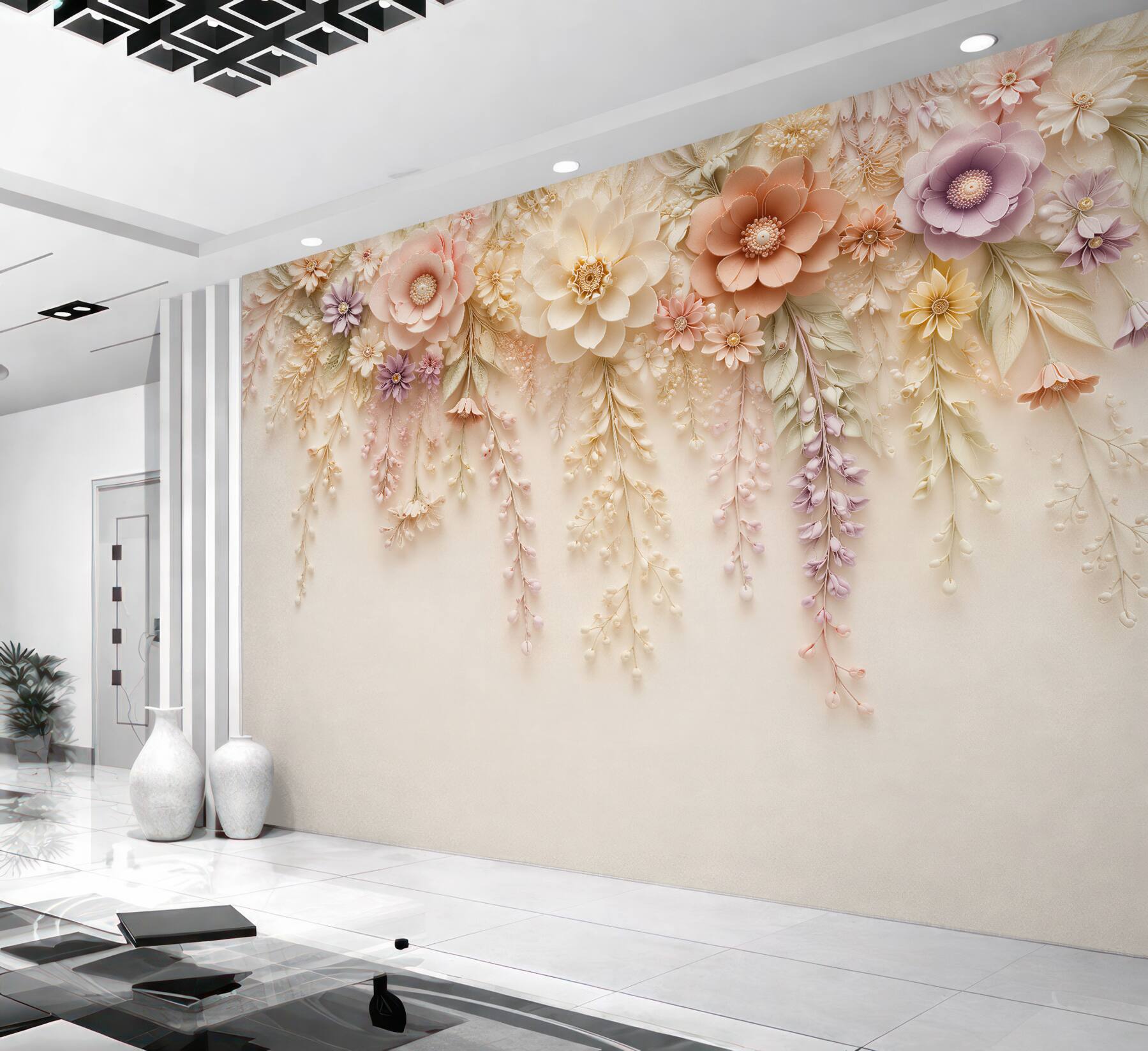 Fototapet Cascadă de flori în relief crem
