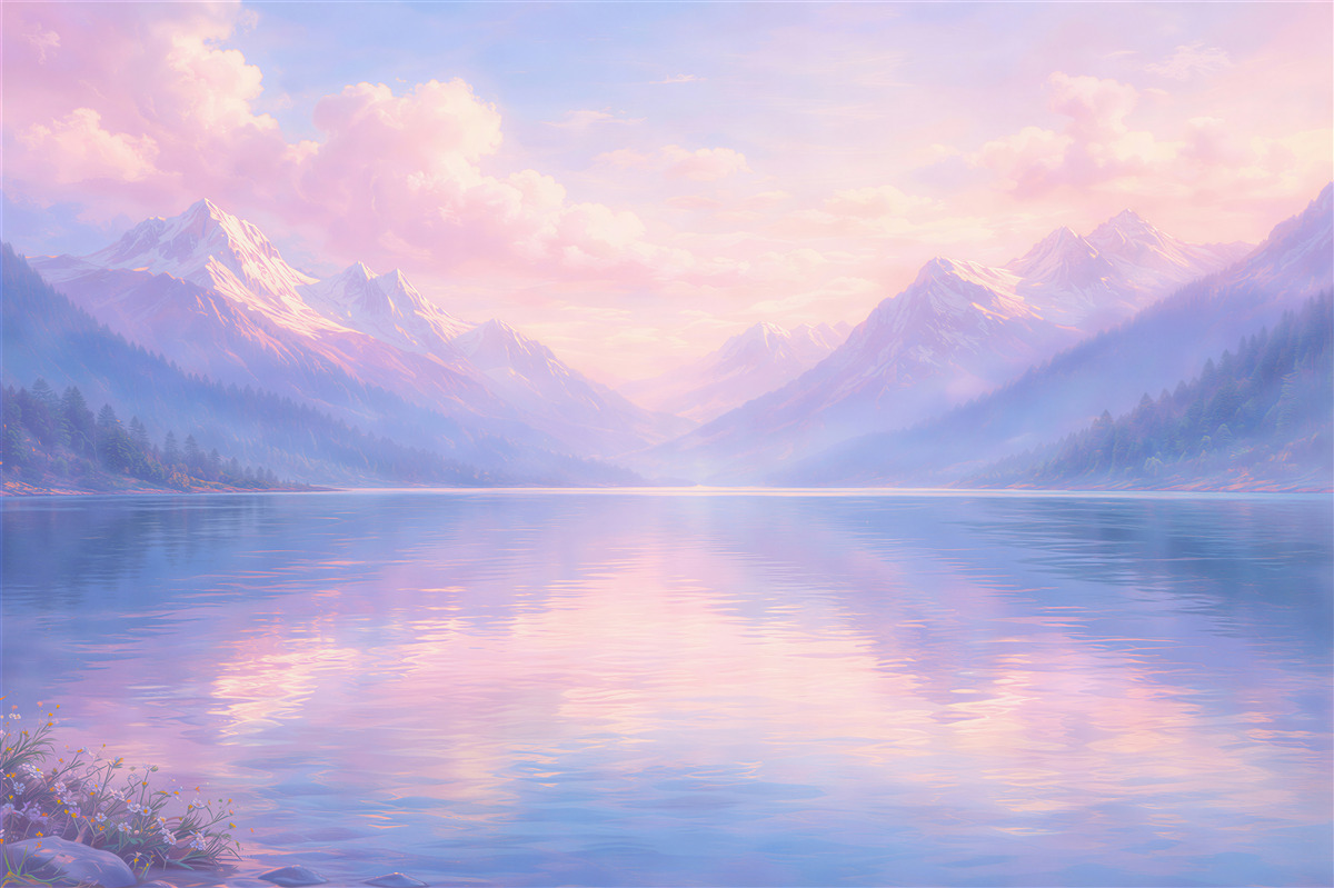 Fototapet Munți pastel deasupra lacului