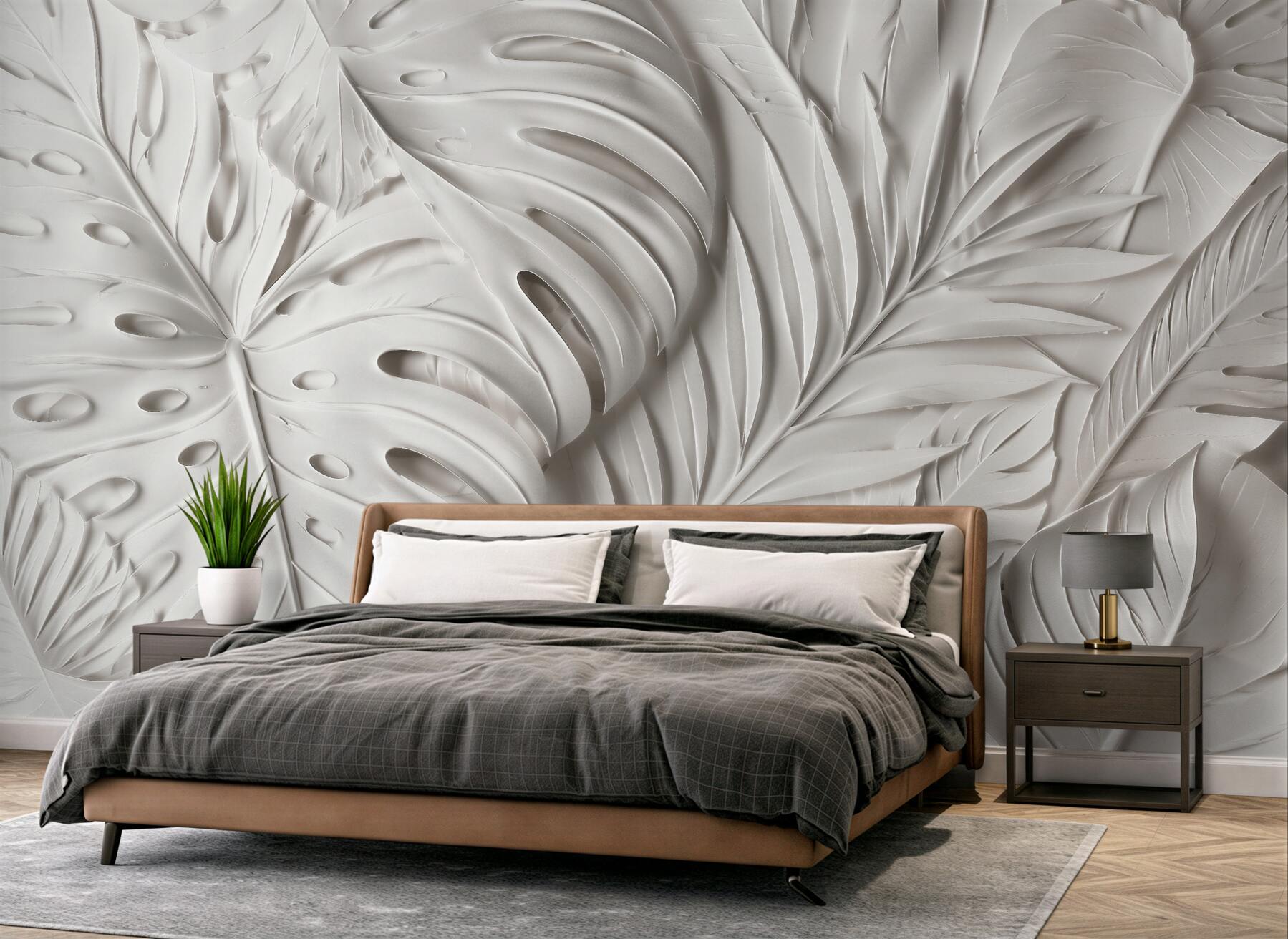 Fototapet Frunze albe în relief elegant