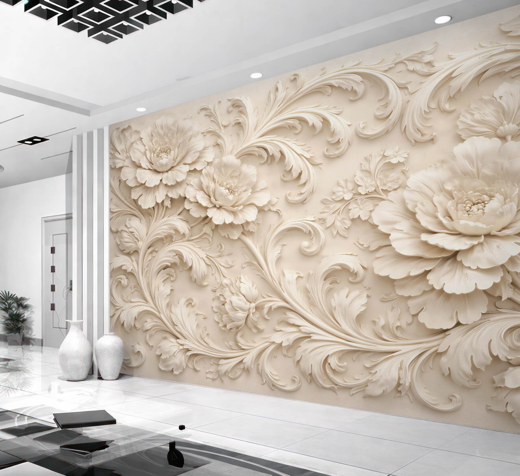 Fototapet Bujori crem în ornamente 3D