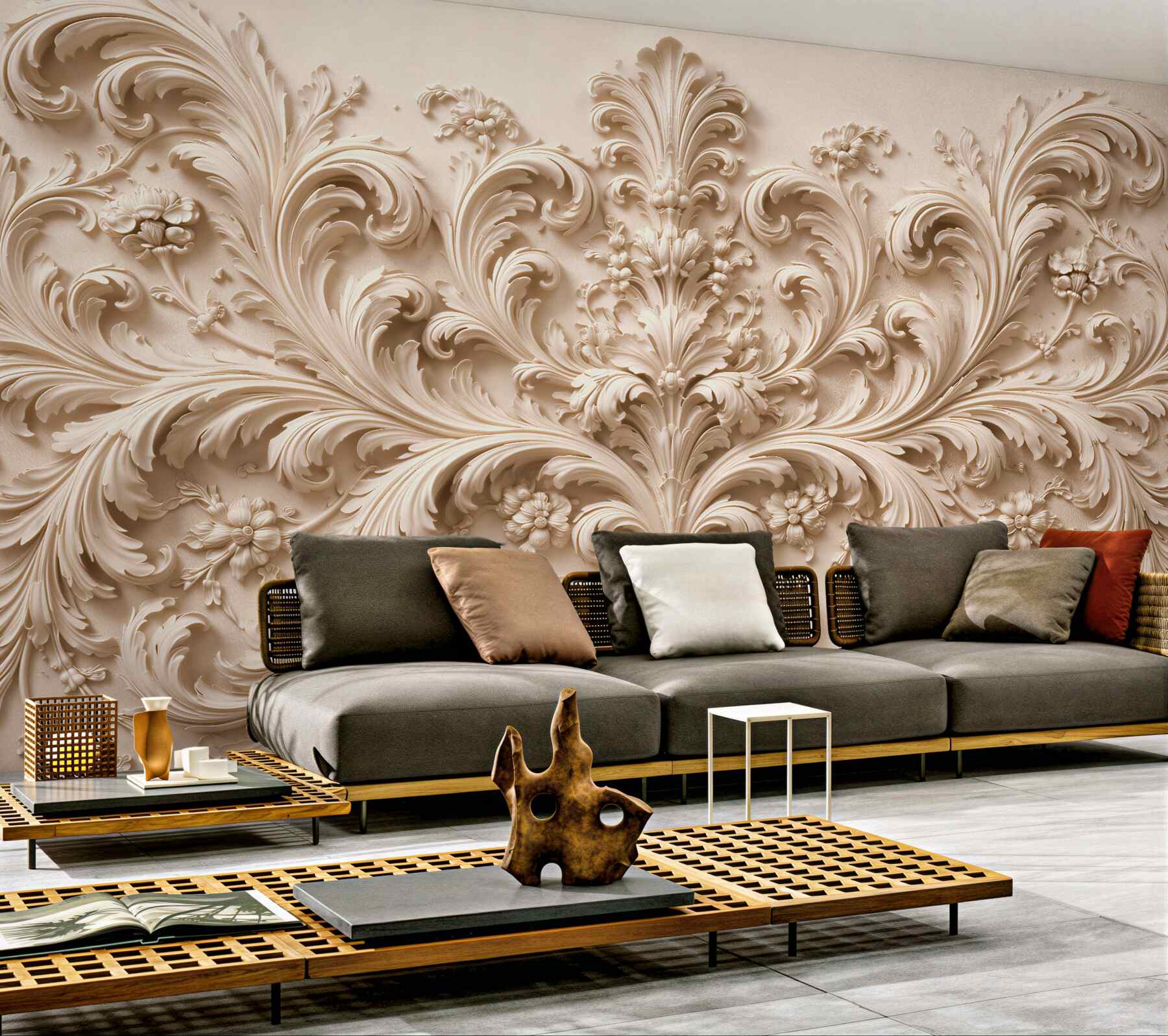 Fototapet Ornament baroc în relief crem