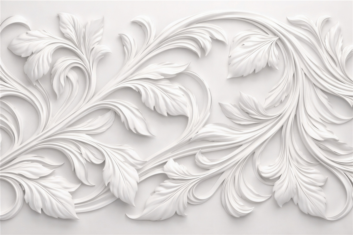 Fototapet Ornamente albe cu frunze 3D
