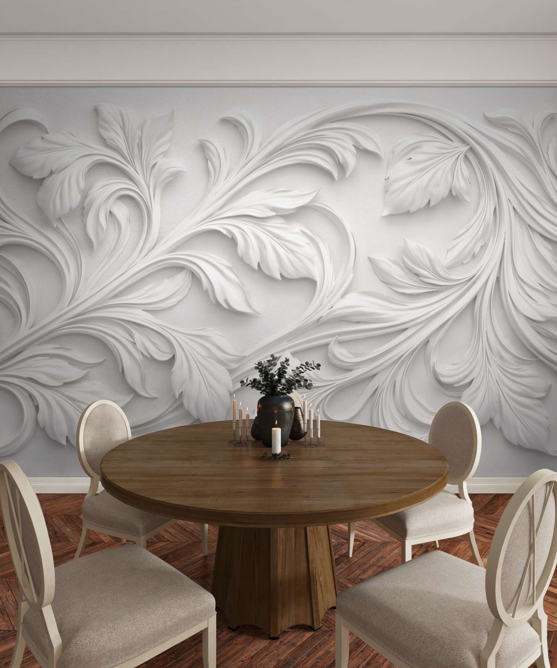Fototapet Ornamente albe cu frunze 3D