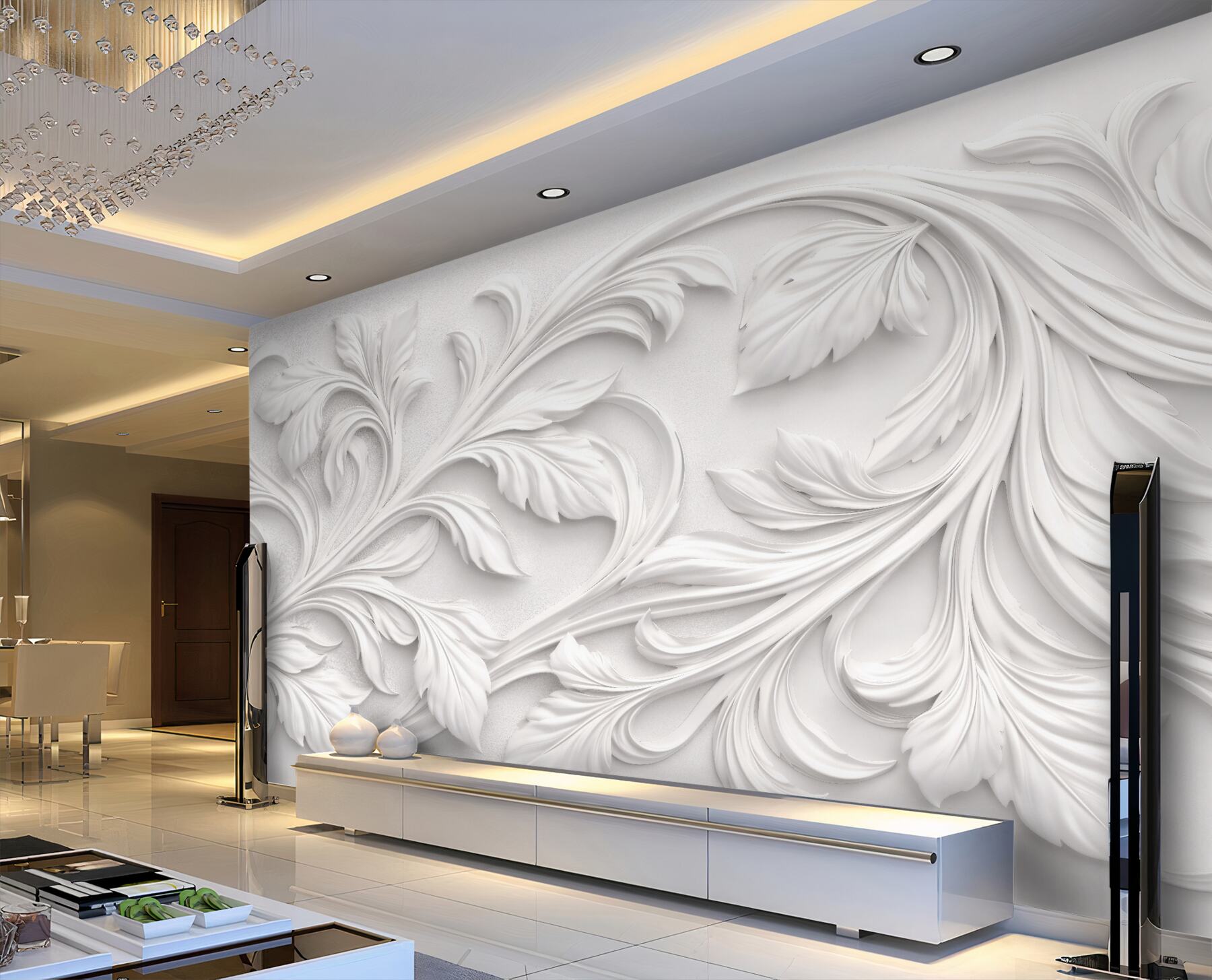 Fototapet Ornamente albe cu frunze 3D