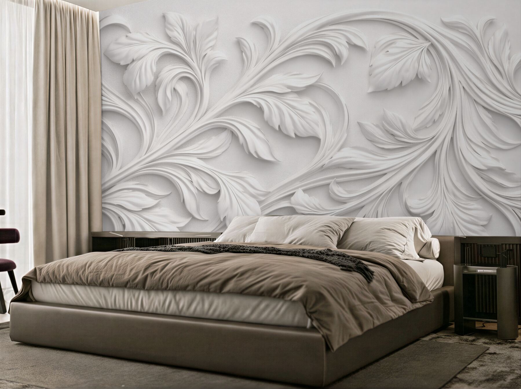 Fototapet Ornamente albe cu frunze 3D