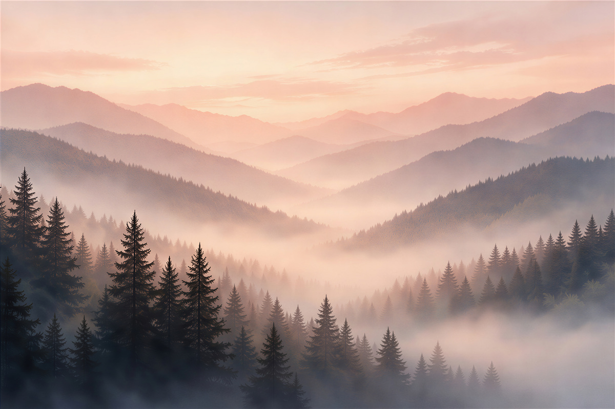 Fototapet Zori cețoase deasupra pădurii montane