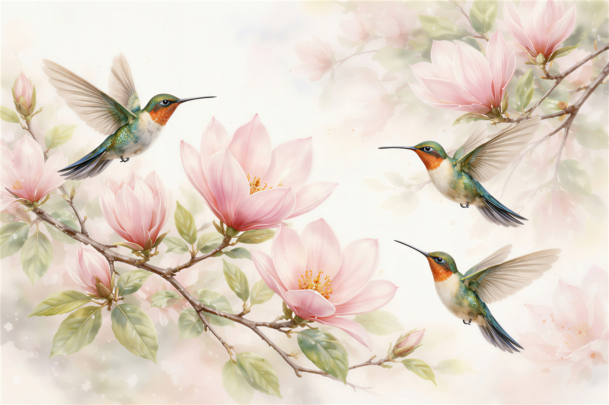 Fototapet Colibri printre magnolii roz