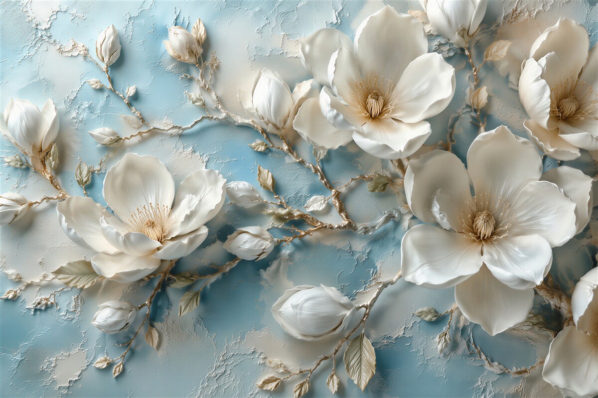 Fototapet Magnolii 3D pe fundal albastru deschis