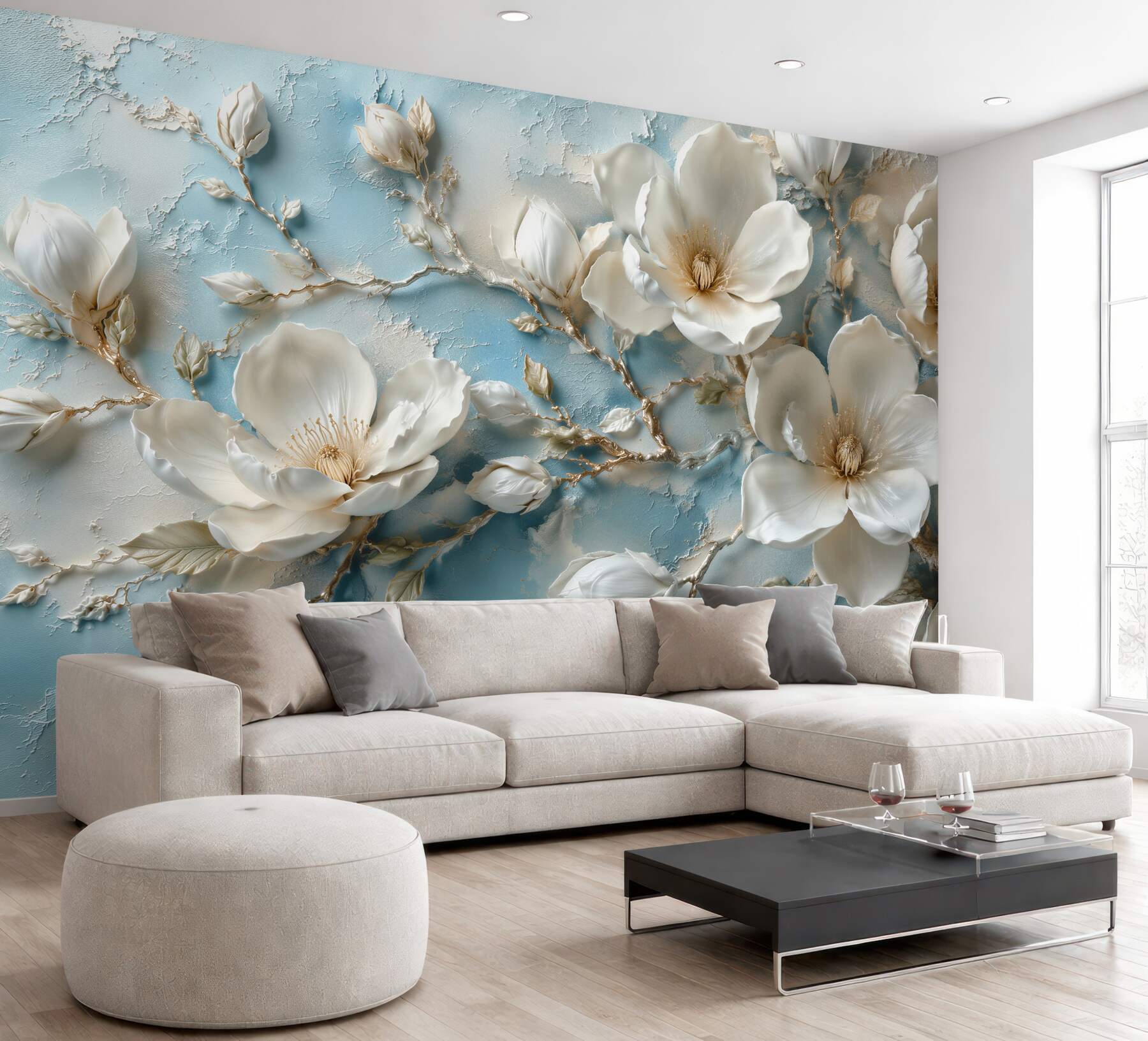 Fototapet Magnolii 3D pe fundal albastru deschis